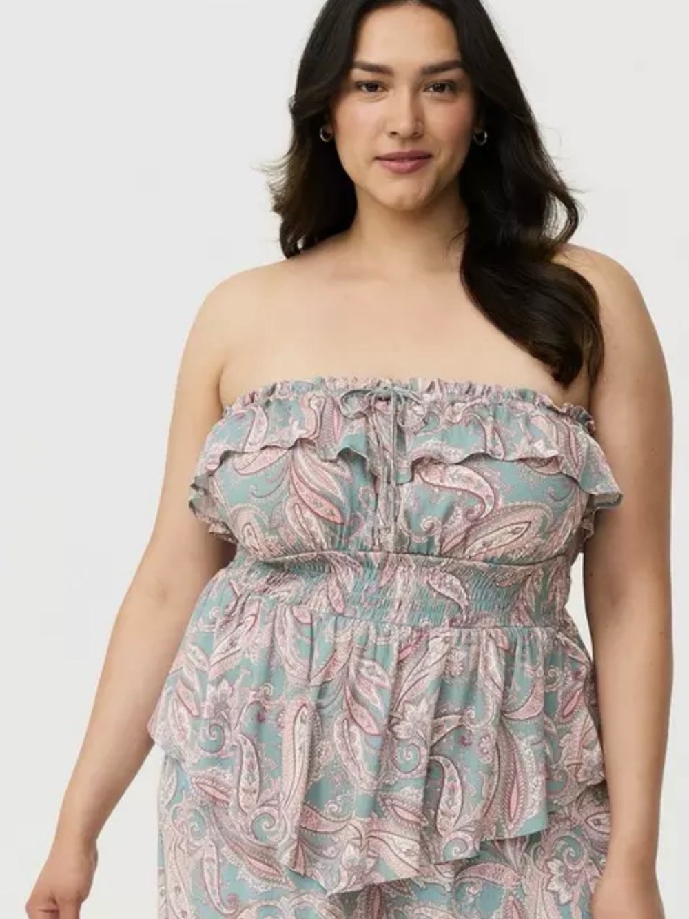 Strapless Ruffled Paisley Top and bottom set- Mint & Blush